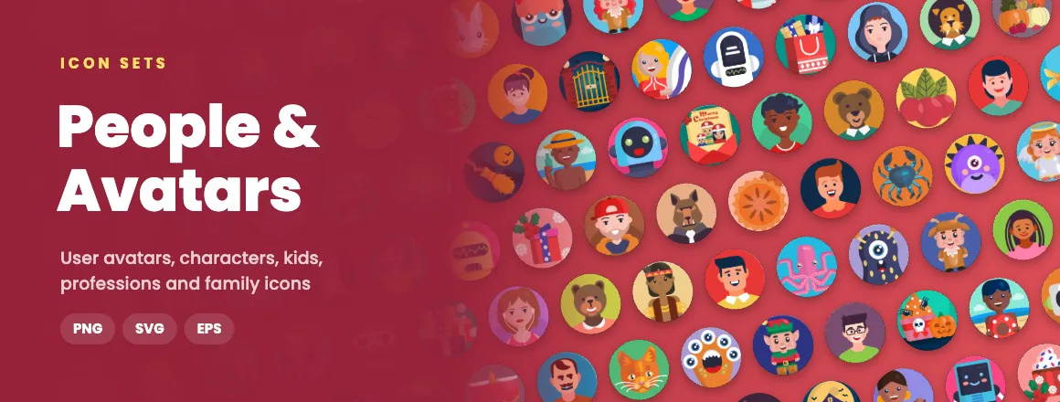 People & Avatars icon sets: user avatars, characters, kids, professions and family icons in PNG, SVG and EPS