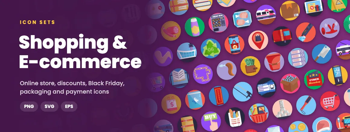 Shopping & E-commerce icon sets: online store, discounts, Black Friday, packaging and payment icons in PNG, SVG and EPS