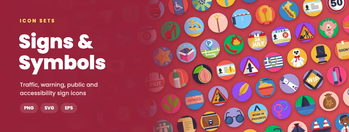 Signs & Symbols icon sets: traffic, warning, public and accessibility sign icons in PNG, SVG and EPS