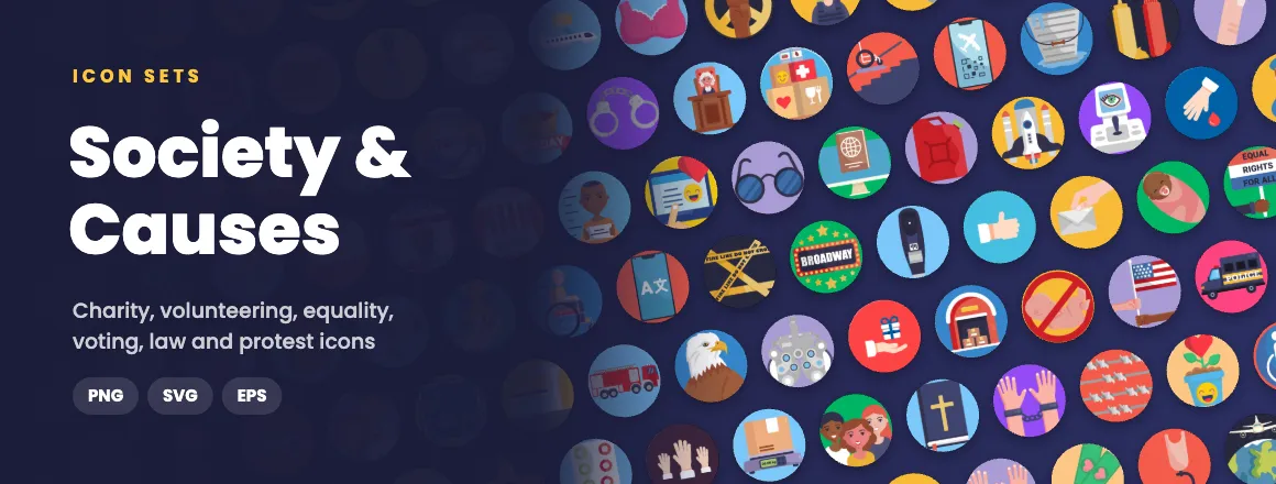 Society & Causes icon sets: charity, volunteering, equality, voting, law and protest icons in PNG, SVG and EPS