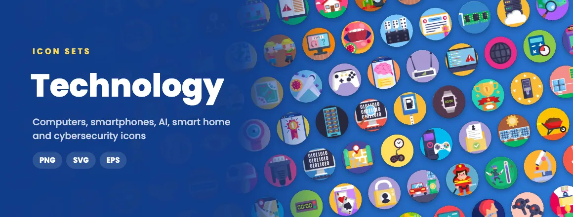 Technology icon sets: computers, smartphones, AI, smart home and cybersecurity icons in PNG, SVG and EPS