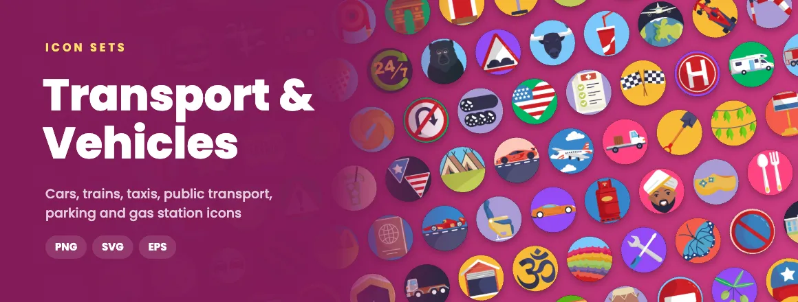 Transport & Vehicles icon sets: cars, trains, taxis, public transport, parking and gas station icons in PNG, SVG and EPS