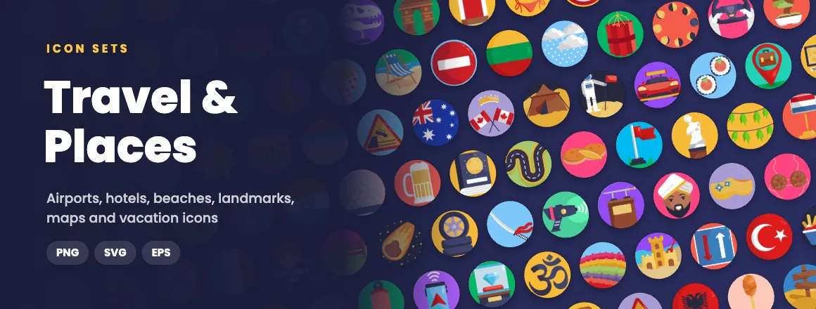 Travel & Places icon sets: airports, hotels, beaches, landmarks, maps and vacation icons in PNG, SVG and EPS