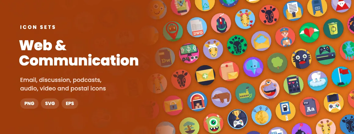 Web & Communication icon sets: email, discussion, podcasts, audio, video and postal icons in PNG, SVG and EPS